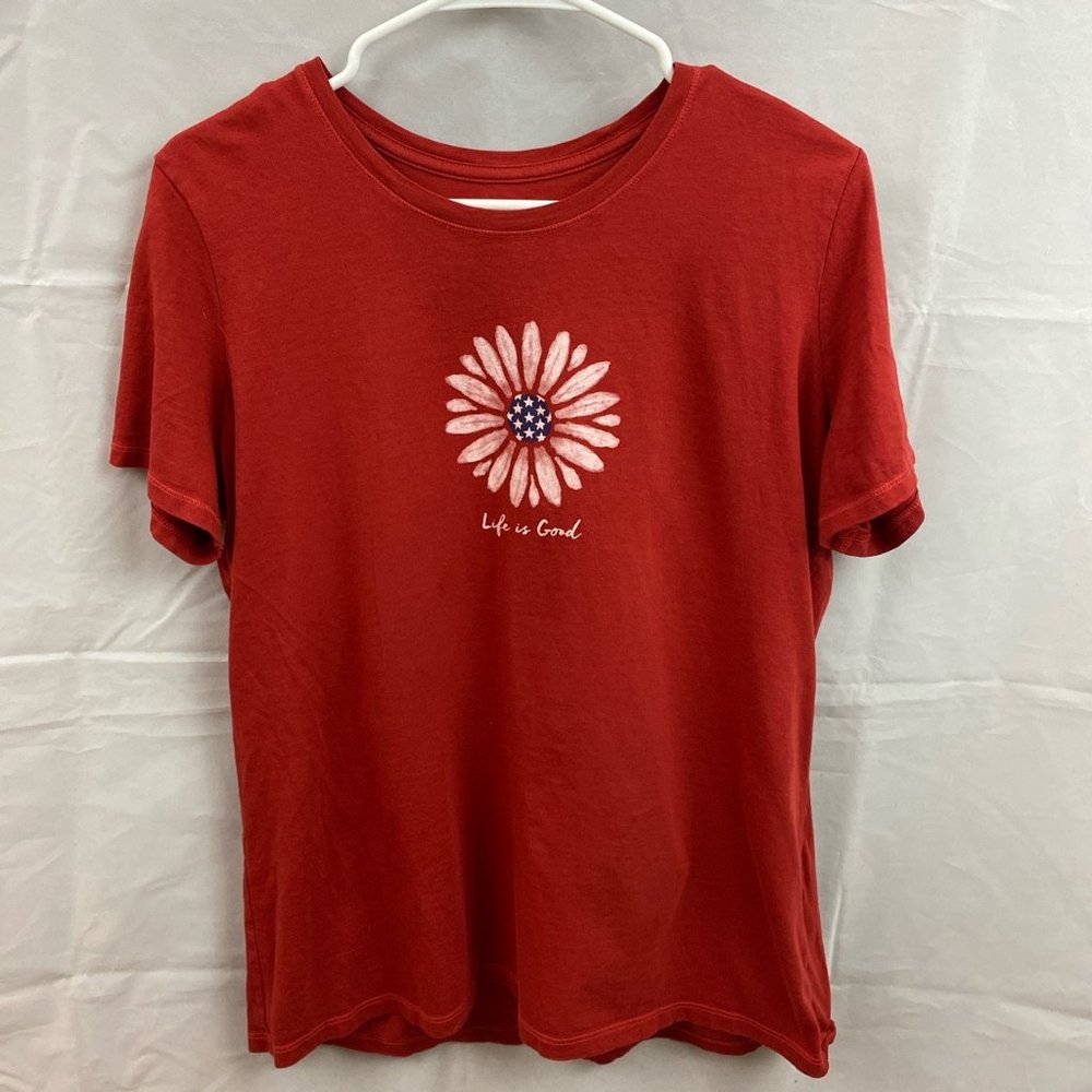 Red Life Is Good Tee Shirt White Star Flower Short Sleeve Womens Large